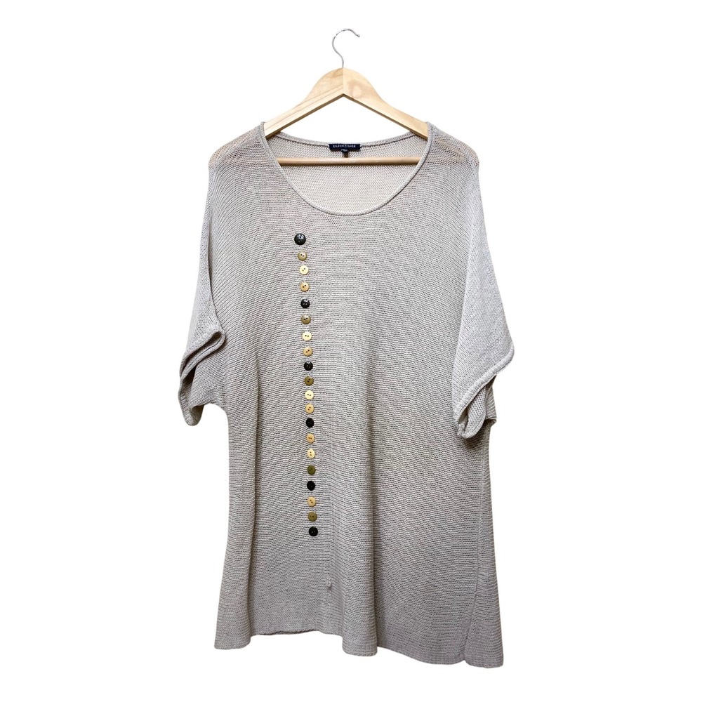 Eileen‎ Fisher Womens Wool Knit Button Detail Tunic Top Beige Oversized Large